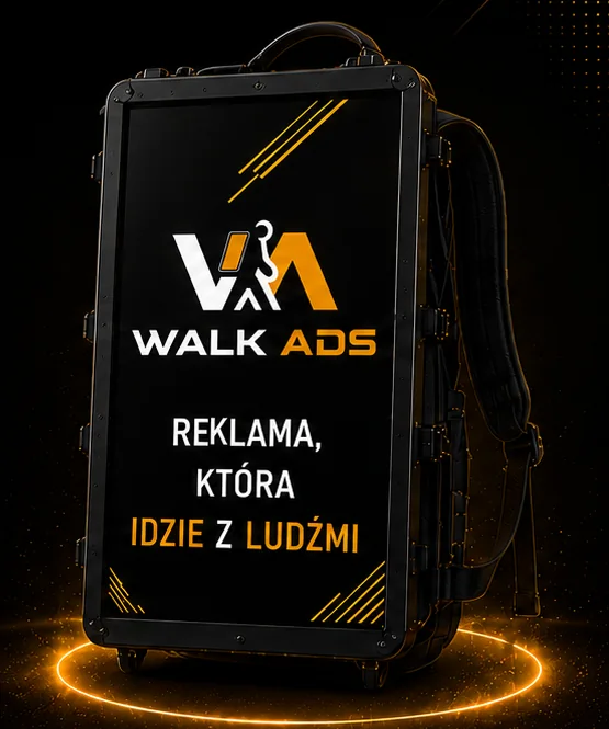 Plecak WALK ADS z pionowym ekranem LED wyświetlającym hasło „Reklama, która idzie z ludźmi”